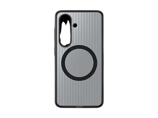OBtech Galaxy S26 rugged magnetic case in silver with a textured back, black frame, and integrated wireless charger ring.