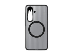 OBtech Galaxy S26 rugged magnetic case in silver with a textured back, black frame, and integrated wireless charger ring.