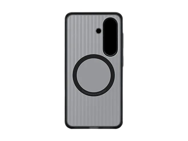 OBtech Galaxy S26 rugged magnetic case in grey with a textured back, shockproof frame, and wireless charging ring.