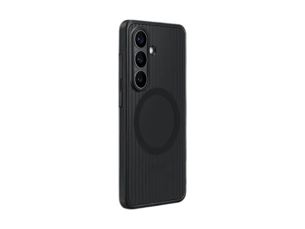 OBtech Galaxy S26 rugged black magnetic case with textured back and raised camera protection on a dark background.
