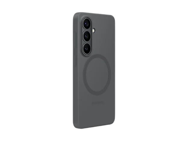 OBtech Galaxy S26 silicone magnet case in dark grey with a slim, soft-touch finish and magnetic charging ring.