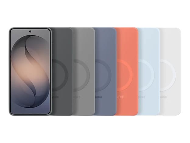 OBtech Galaxy S26 silicone magnetic cases in various colors including black, grey, blue, orange, light blue, and white.