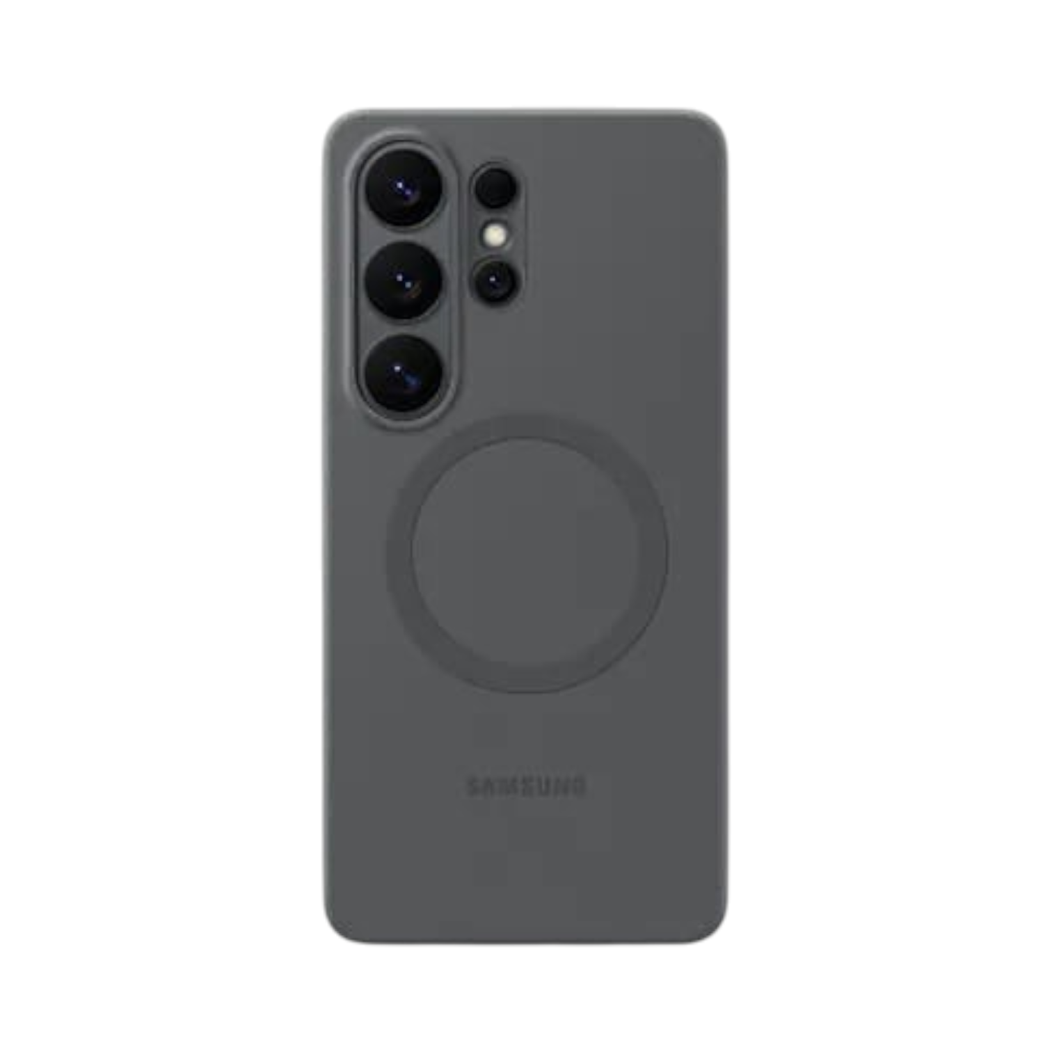 OBtech gray silicone magnetic case for Galaxy S26 Ultra with precise camera cutouts and wireless charging alignment