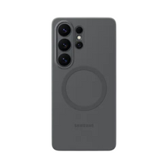 OBtech gray silicone magnetic case for Galaxy S26 Ultra with precise camera cutouts and wireless charging alignment