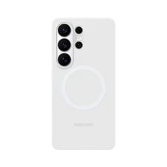 OBtech white silicone magnetic case for Galaxy S26 Ultra with precise camera cutouts and wireless charging alignment.