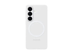 OBtech white silicone magnetic case for Galaxy S26 with camera cutouts and wireless charging alignment ring.