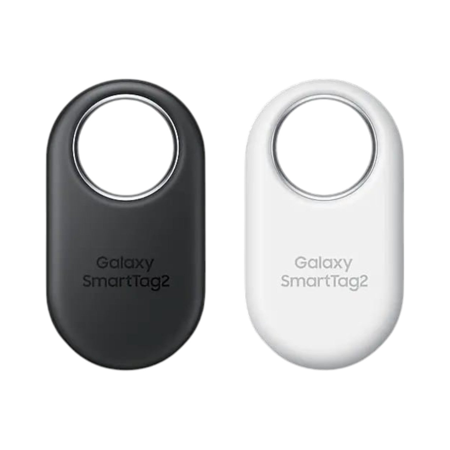 OBtech Samsung Galaxy SmartTag2 Bluetooth trackers in black and white with a compact design and built-in keyring loop.