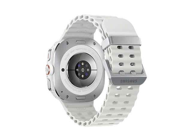 OBtech Samsung Galaxy Watch Ultra showing the white silicone strap and titanium case back with health sensors.