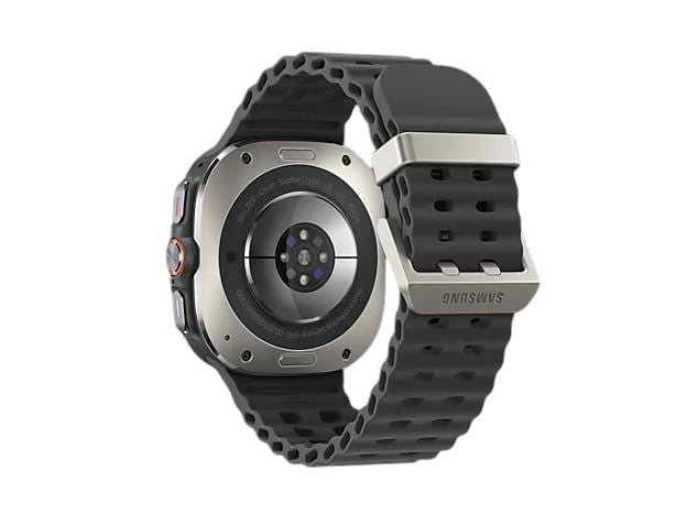 OBtech Samsung Galaxy Watch Ultra showing the titanium case back, BioActive sensor, and durable black silicone strap.