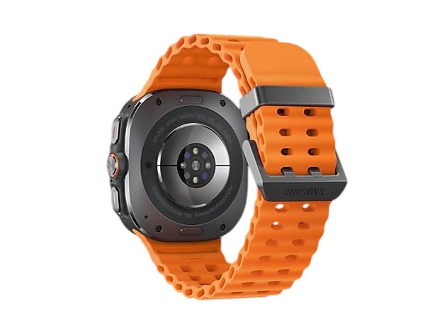 OBtech Samsung Galaxy Watch Ultra showing the titanium case back, BioActive sensor, and bright orange sport band.