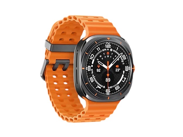 OBtech Galaxy Watch Ultra with a bright orange perforated silicone band and a durable 47mm titanium cushion case.