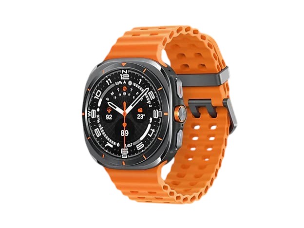 OBtech Galaxy Watch Ultra with a 47mm titanium cushion-style case, sapphire crystal, and a bright orange sports band.