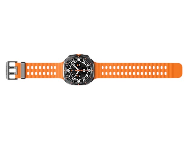 OBtech Galaxy Watch Ultra with a titanium cushion-style case and a bright orange silicone sports band.