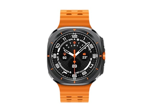 OBtech Galaxy Watch Ultra with a 47mm titanium cushion-style body, orange silicone band, and Super AMOLED display.