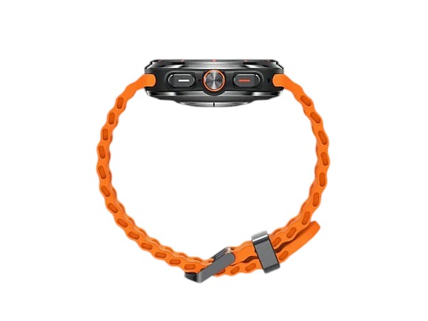 OBtech Galaxy Watch Ultra side view showing the titanium cushion-style body, orange textured strap, and side buttons.