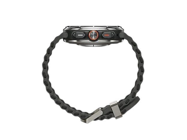 Side view of the OBtech Galaxy Watch Ultra featuring a titanium cushion-style body and textured black sport band.