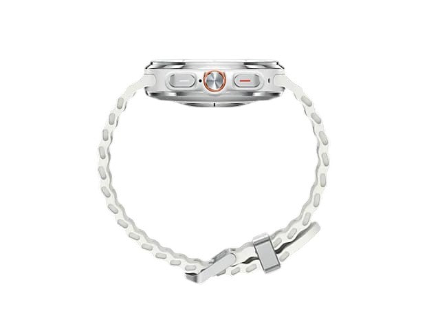 OBtech Galaxy Watch Ultra side view showing the titanium cushion-style case, orange quick button, and white strap.