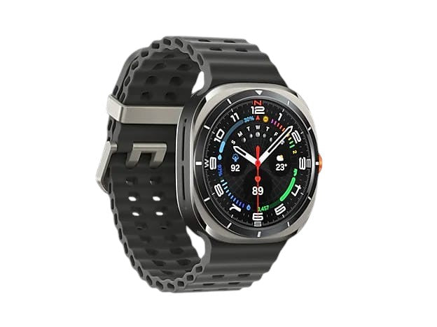 OBtech Galaxy Watch Ultra with a 47mm titanium cushion-style body, black perforated strap, and bright AMOLED display.