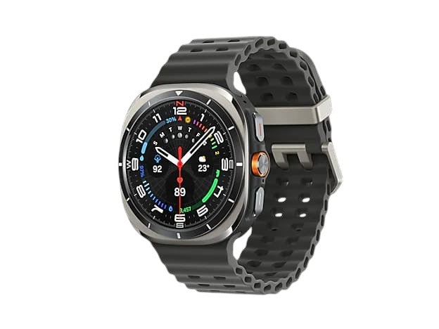 OBtech Galaxy Watch Ultra with a 47mm titanium cushion-style case, sapphire crystal glass, and a black silicone strap.