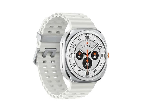 OBtech Galaxy Watch Ultra with a white silicone band, titanium cushion-style case, and bright Super AMOLED display.