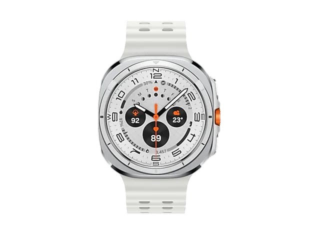 OBtech Galaxy Watch Ultra with a white silicone band, titanium cushion-style body, and bright Super AMOLED display.