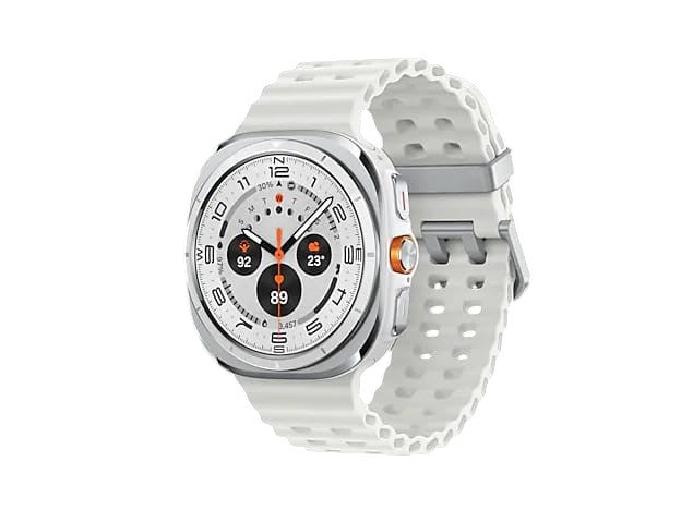 OBtech Galaxy Watch Ultra with a white silicone band, titanium cushion-style case, and bright Super AMOLED display.