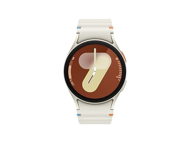 OBtech Galaxy Watch7 44mm with a cream aluminum case, sapphire crystal display, and a stylish silicone band.