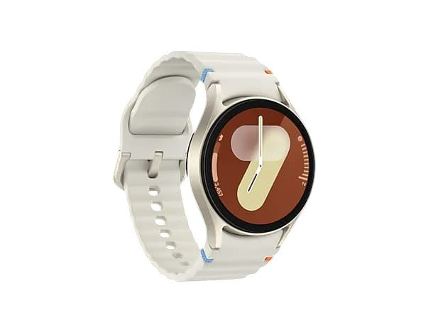 OBtech Galaxy Watch7 44mm smartwatch with a white silicone band and a vibrant Super AMOLED display on a white background