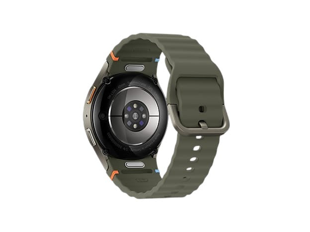 OBtech Galaxy Watch7 44mm showing the BioActive sensor on the back of the aluminum case with a green silicone band.