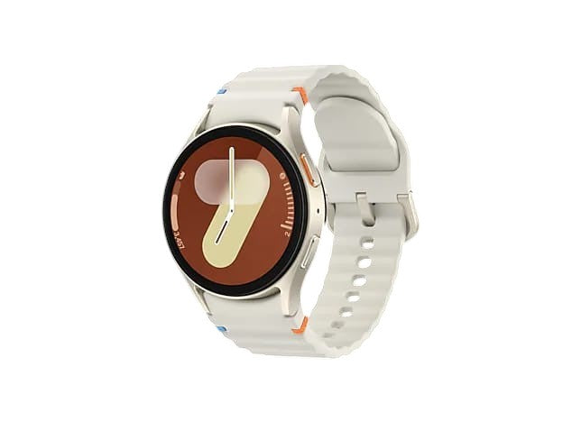 OBtech Galaxy Watch7 44mm in cream with a textured silicone band and vibrant Super AMOLED display face.