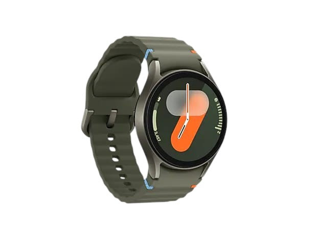 OBtech Galaxy Watch7 44mm in olive green with a vibrant Super AMOLED display and durable aluminum casing.