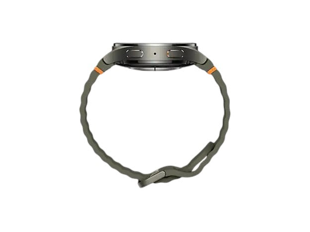 Side view of the OBtech Galaxy Watch7 44mm with a green silicone strap and durable aluminum casing.