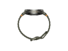 Side view of the OBtech Galaxy Watch7 44mm with a green silicone strap and durable aluminum casing.