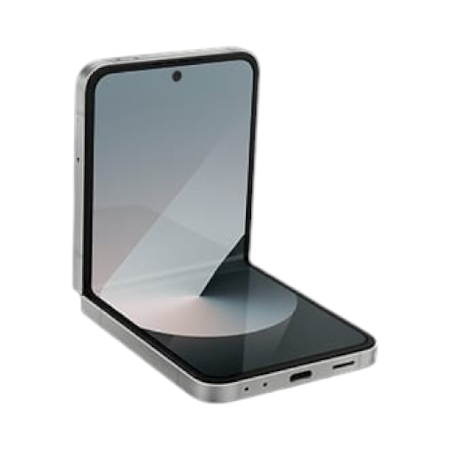 OBtech Samsung Galaxy Z Flip6 foldable smartphone in silver, partially folded to show the 6.7-inch AMOLED display.