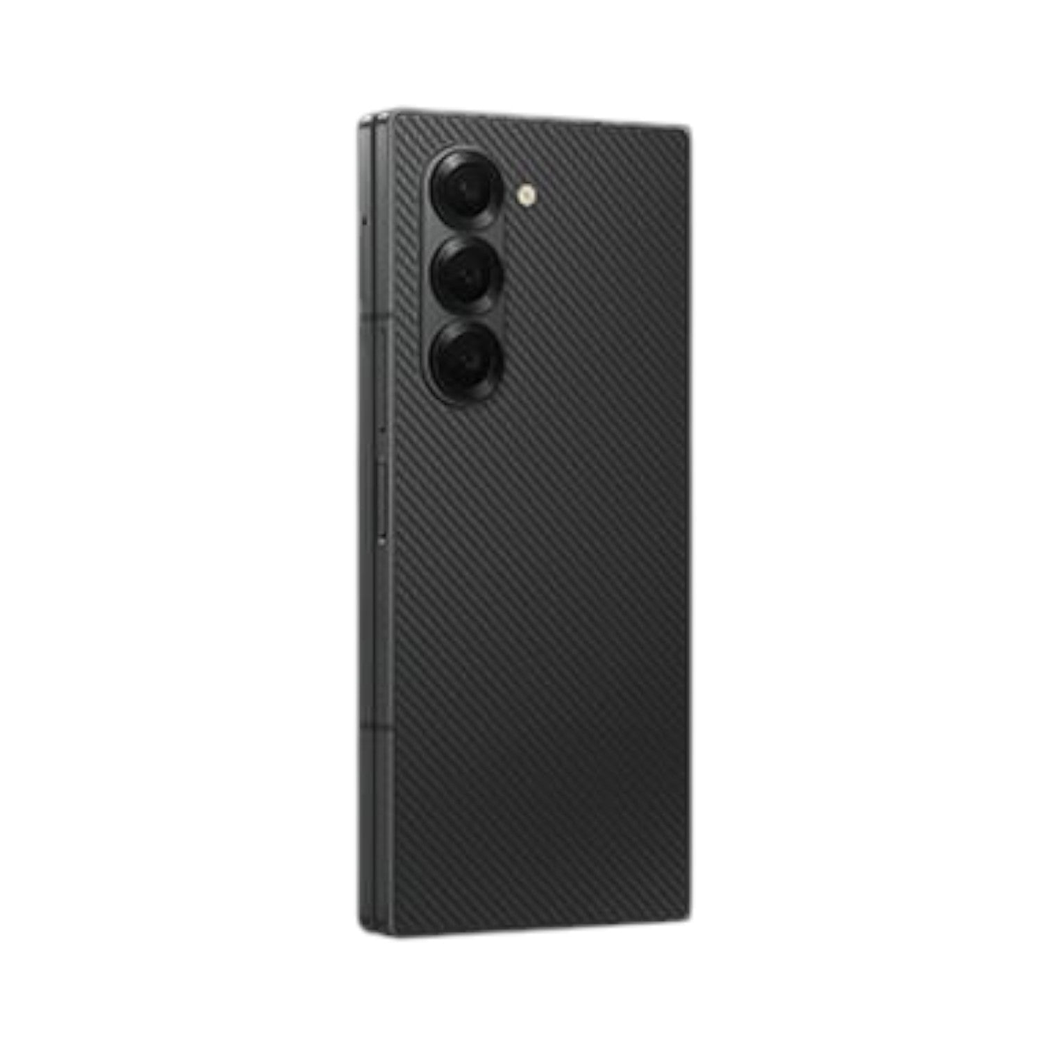 OBtech Samsung Galaxy Z Fold6 in black with a textured carbon fiber finish and triple camera system rear view