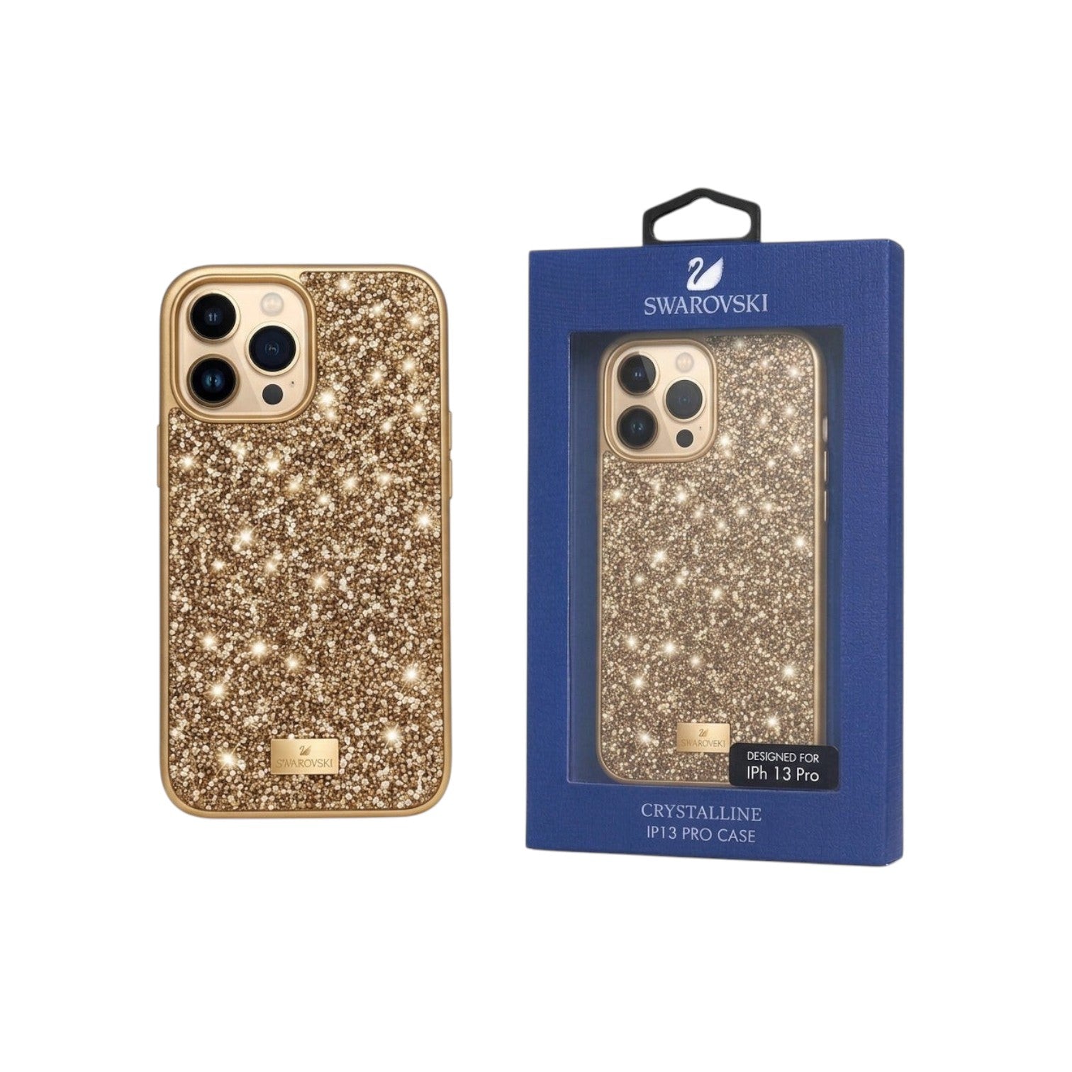 OBtech gold glitter iPhone 13 Pro case with Swarovski crystal finish and protective packaging