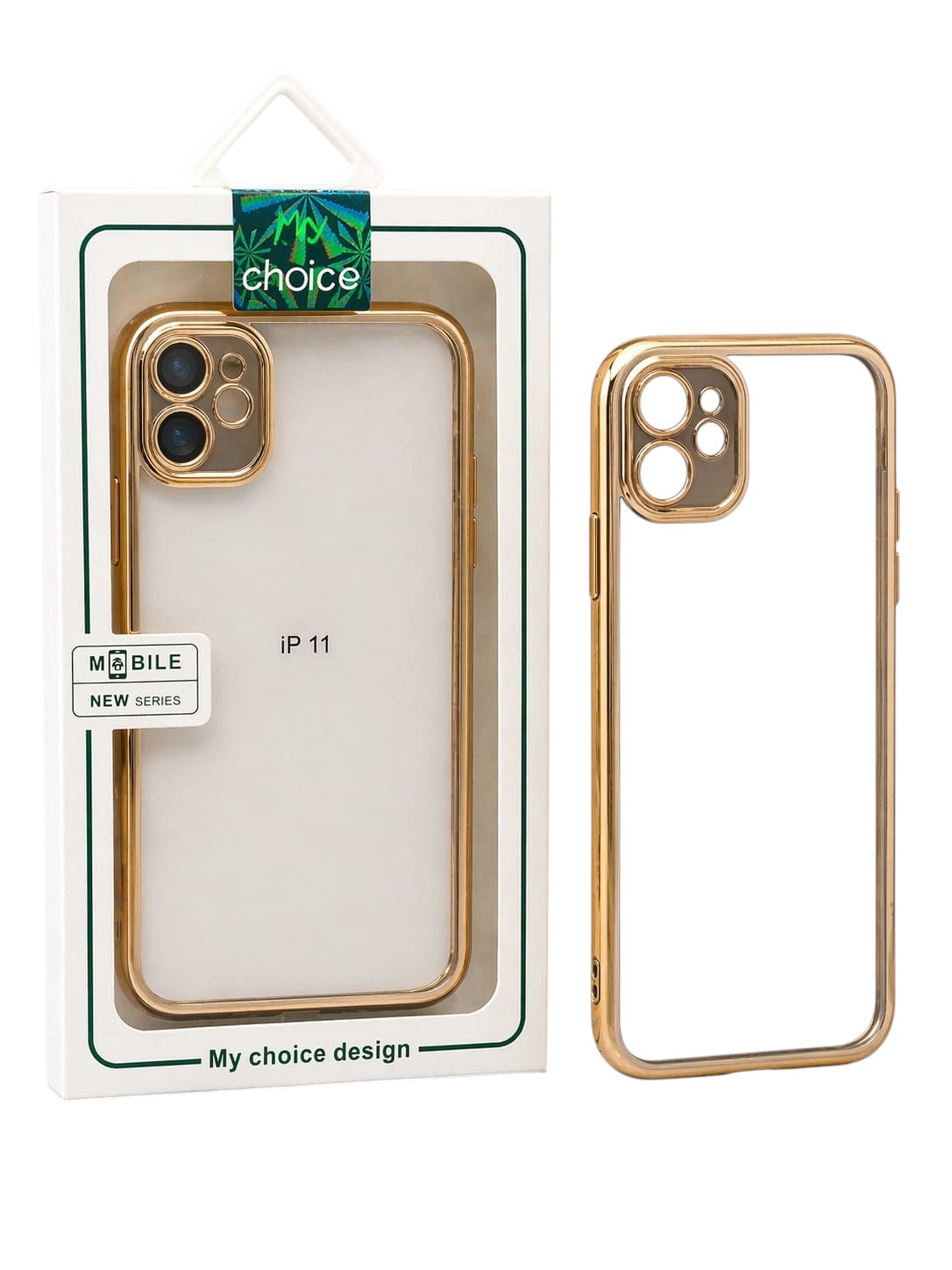 OBtech transparent iPhone case with a premium golden border, shown in retail packaging and as a standalone cover.