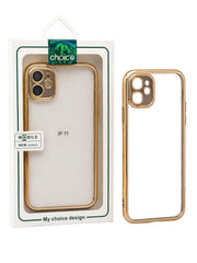 OBtech transparent iPhone case with a premium golden border, shown in retail packaging and as a standalone cover.