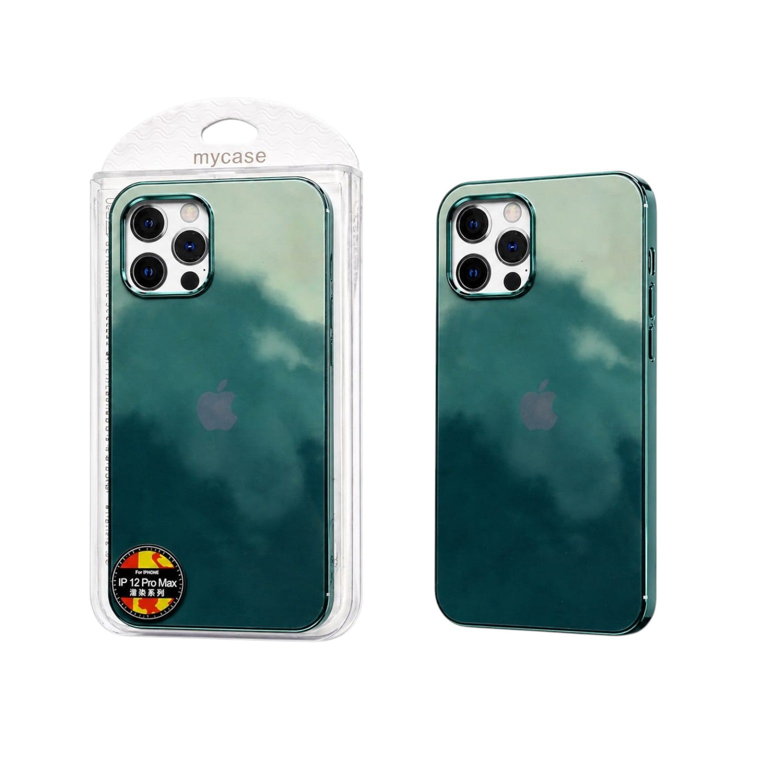 OBtech iPhone silicone case with a green cloudy paint design, shown in packaging and as a standalone phone cover.