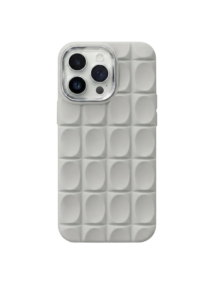 OBtech premium grey silicone iPhone case with a 3D square grid texture and a protective metallic camera ring.