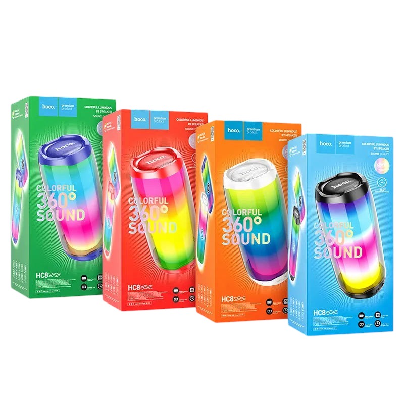 OBtech Hoco HC8 portable wireless Bluetooth speakers in four vibrant retail boxes with colorful RGB lighting visuals.