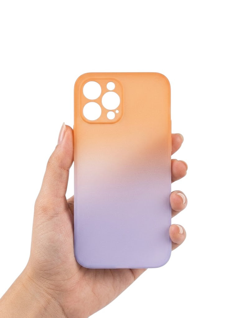 OBtech iPhone 11 dual tone case in orange and purple gradient held in a hand against a white background