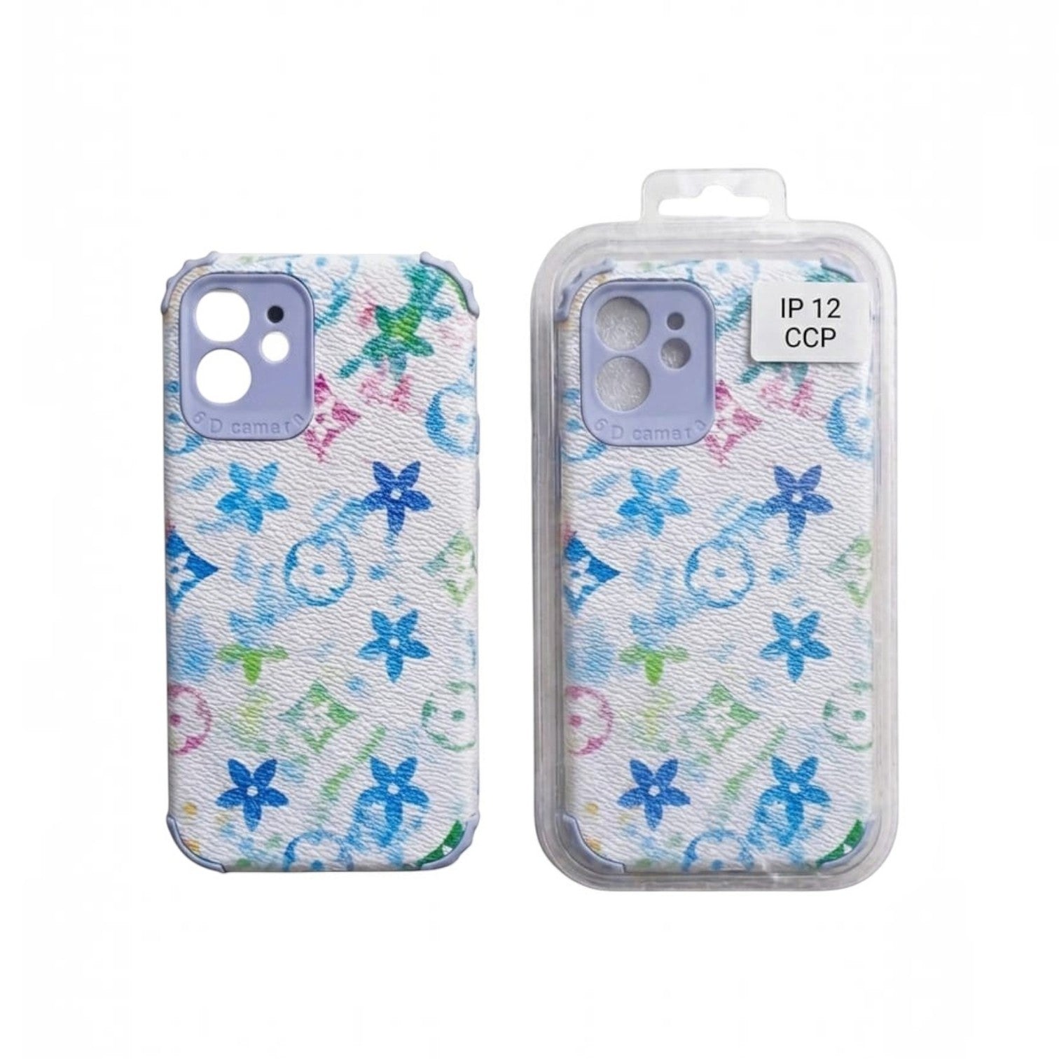 OBtech iPhone 12 protective case featuring a white background with a colorful floral and monogram pattern