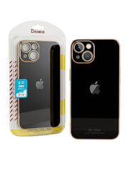 OBtech iPhone 13 case in black with luxurious golden borders and raised camera protection in retail packaging