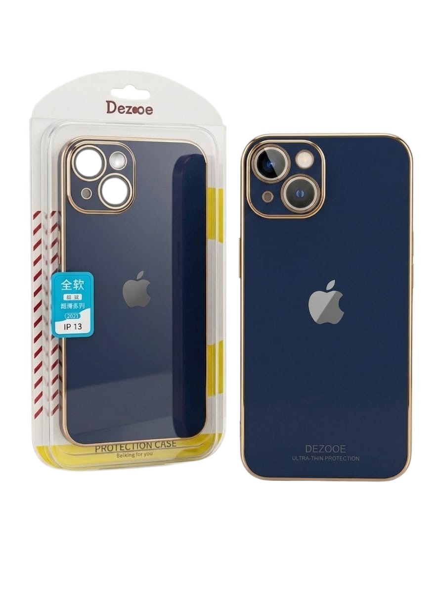 OBtech iPhone 13 case in navy blue with luxurious gold borders and raised camera protection in retail packaging