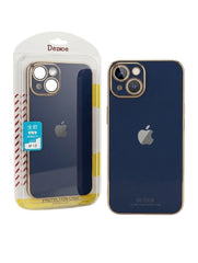 OBtech iPhone 13 case in navy blue with luxurious gold borders and raised camera protection in retail packaging