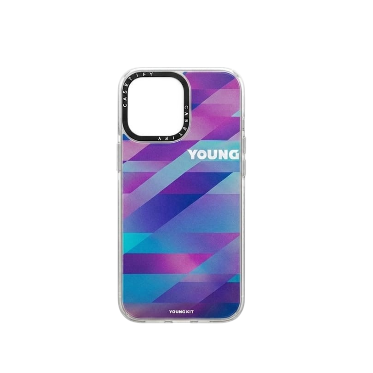 OBtech QC stylish iPhone 13 Pro Max cover featuring a purple and blue diagonal striped pattern and white text.