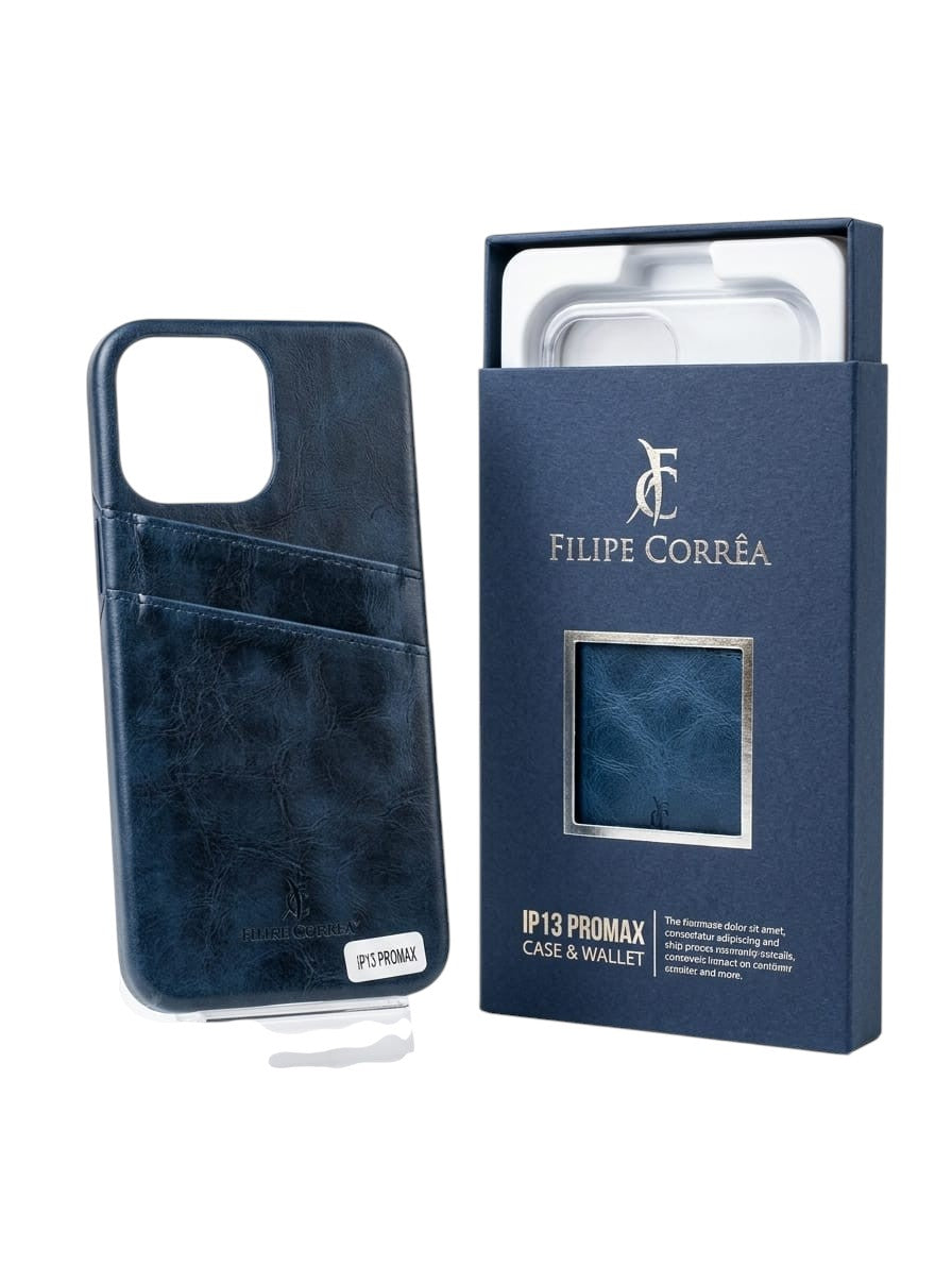 OBtech iPhone 13 Pro Max denim-style blue leather wallet case with card slot and matching branded packaging