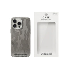 OBtech iPhone 14 Pro Max case with a grey camouflage pattern and smooth finish next to its retail packaging box