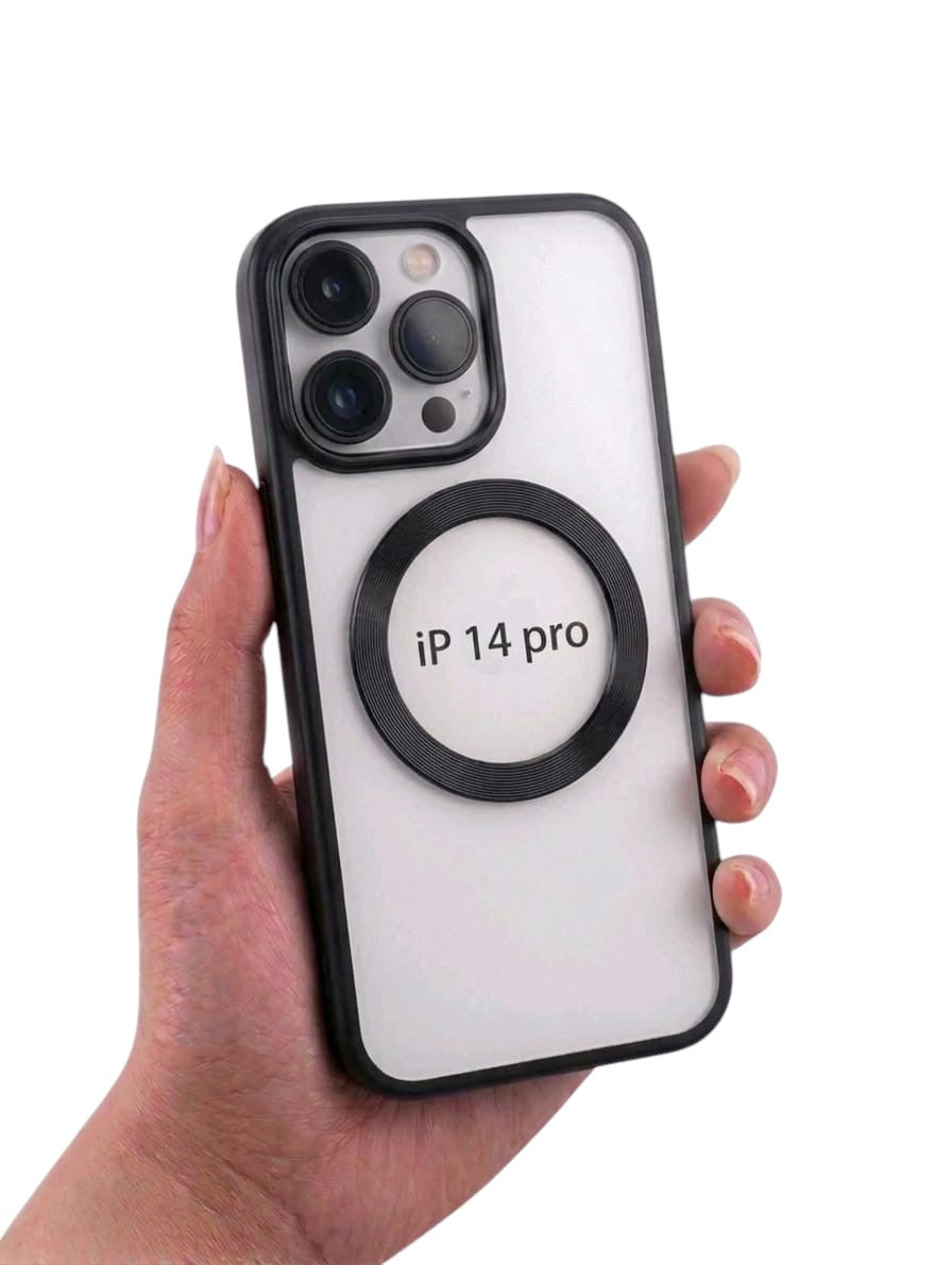 OBtech transparent jelly case for iPhone 14 Pro with black frame and magnetic charging ring held in a hand